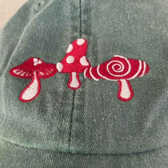 Shroom Mushrooms Hat ADAMS Green Cap Women's 90s Style Distressed Patches - Picture 2 of 11